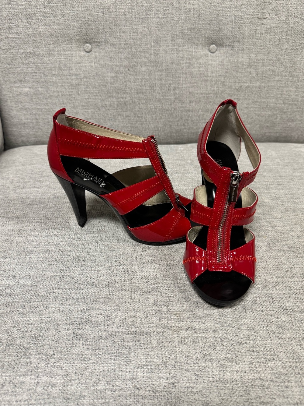MICHAEL Michael Kors Red Patent Leather Zip-Front Strappy Heels